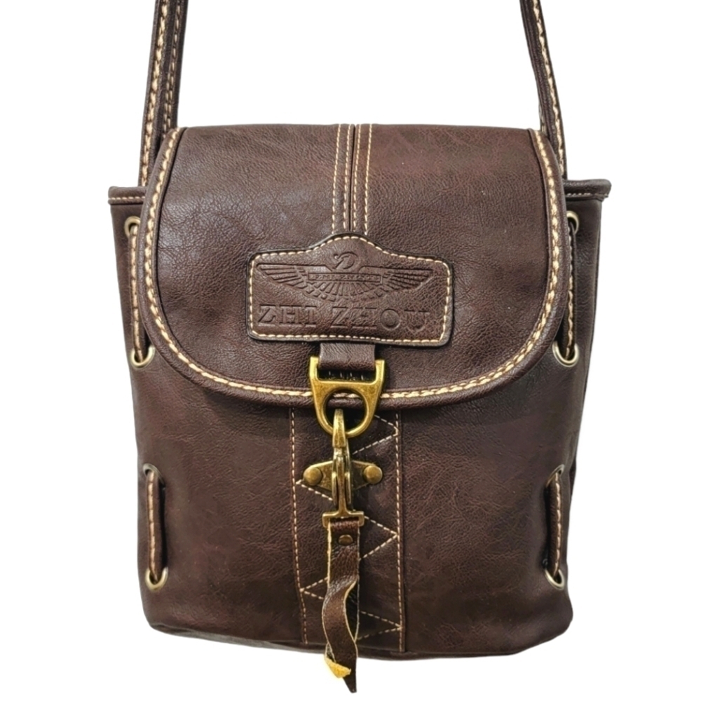 Zhi Zhou Crossbody Bag Flap Top Brown with Contrast Stitching